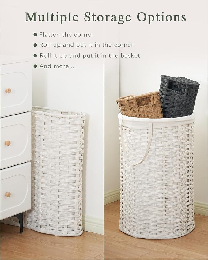 Laundry Hamper with Lid Laundry Basket with Lid 19.0 Gal (72 L) Round Wicker Laundry Basket Handwoven Rattan Basket with Lid Removable Bag 2 Mesh Bags Handles for Living Room Bathroom White