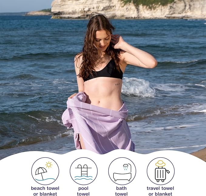 Turkish Beach Towels, Bulk Case of 12 | Oversized, Quick Dry, Sand Free | 100% Cotton, Large 38x71 Towels for Beach, Pool, Travel | Ultra-Soft, Compact, Absorbent | Lilac