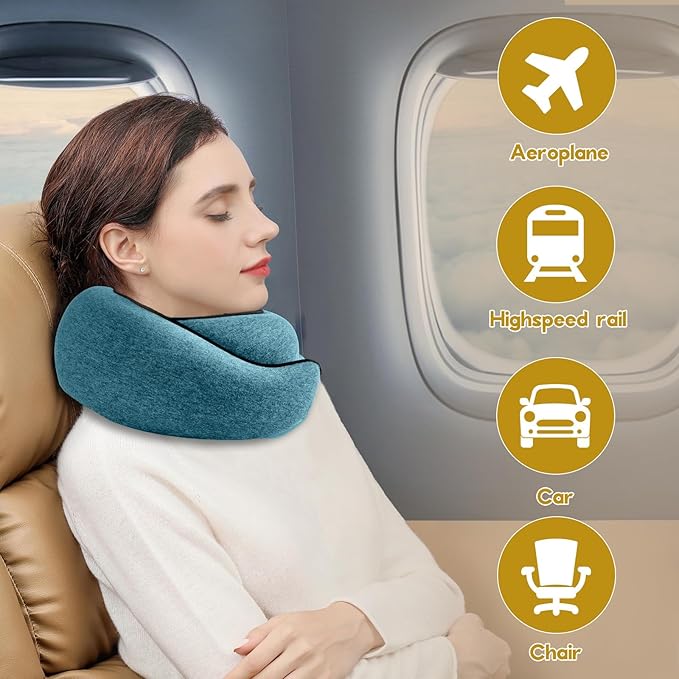 REDOFF®Travel Pillow for Neck Support, Memory Foam Neck Pillow for Airplane, Car, Office - Adjustable Strap with Magic Tape, Breathable & Portable with Storage Bag（Peacock Blue
