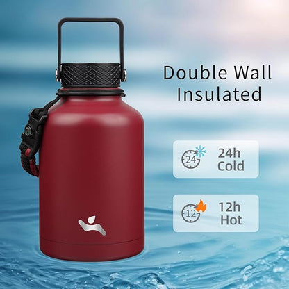 Insulated Water Bottle with Straw,50 oz 3 Lids Water Jug with Carrying Bag,Paracord Handle,Double Wall Vacuum Stainless Steel Metal Flask,Dark Red