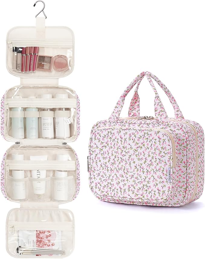 Narwey Hanging Toiletry Bag for Women Travel Makeup Bag Organizer Toiletries Bag for Travel Size Essentials Accessories Cosmetics (Green Leaves and Flower (Medium))