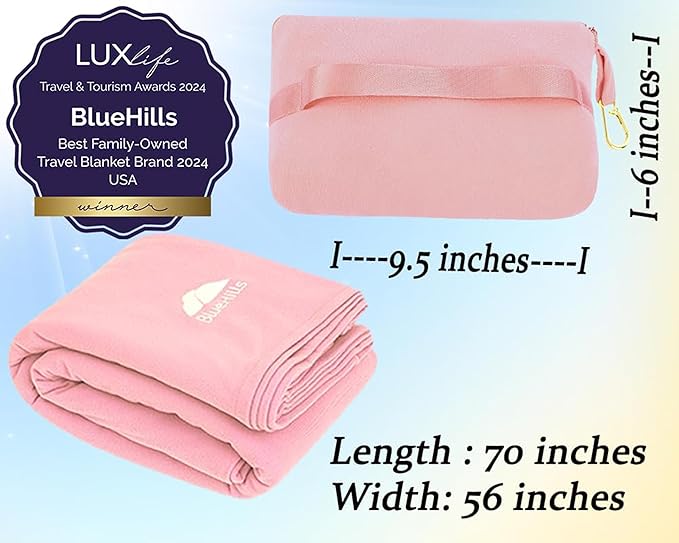 BlueHills Travel Blanket Pillow Compact Lightweight Pocket Size Airplane Traveling Essential Flight Trip Throw in Bag Portable Case Plane Accessory Pink L02