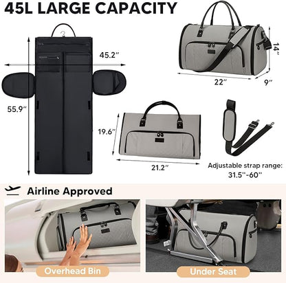 Garment Bag for Airplane Travel, Carry On Garment Duffle Bags for Women, 2 in 1 Travel Suit Bag with Shoes Compartment Carry on Bag Hanging Garment Bag Travel with Shoulder Strap,Grey