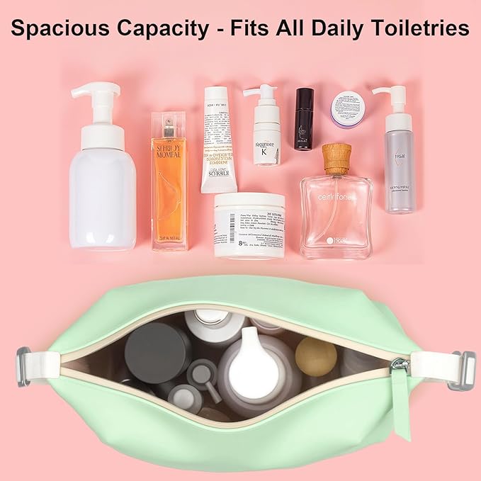 Vomgomfom 3L 6.5 Inch Silicone Toiletry Bag, Waterproof Leakproof Travel Cosmetic Organizer, Adjustable G-Buckle Compression Dopp Kit, Foldable Makeup Bag for Women & Men, Green