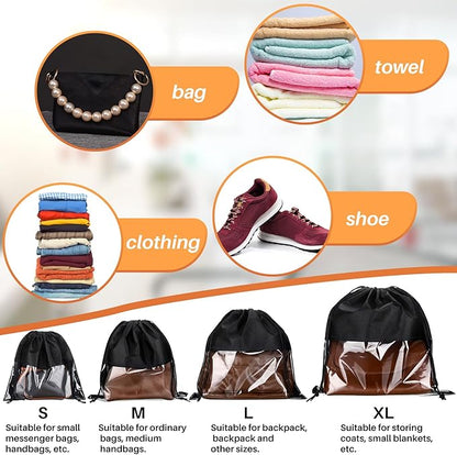 Shappy 12 Pcs Dustproof Drawstring Bags Purse Dust Storage Bags for Handbags Covers Non Woven Fabric Cloth Pouch String Packing Organizer Shoe Pouch(Assorted Sizes,Black)