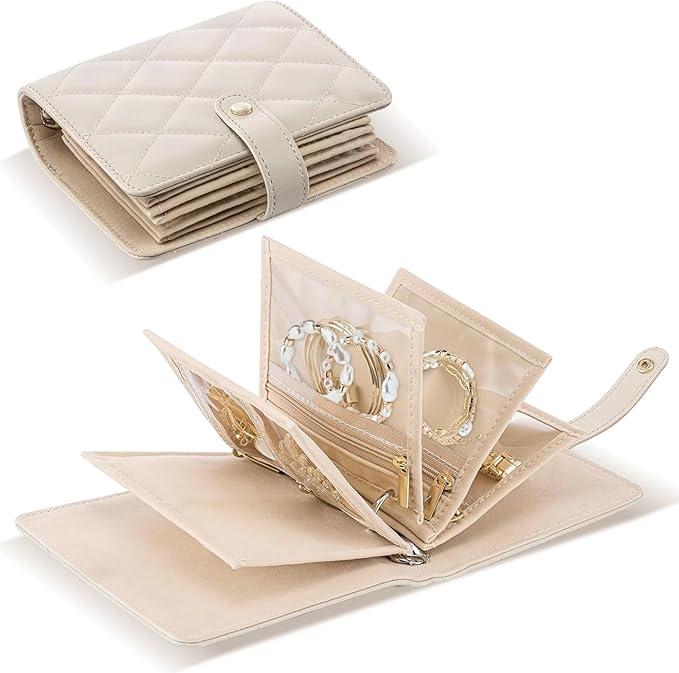 Velvet Travel Jewelry Organizer Book with Zipper Pouches – Anti-Tarnish, Scratch-Proof Jewelry Storage for Rings, Necklaces, Earrings, Bracelets – Portable Soft Case for Women (White)