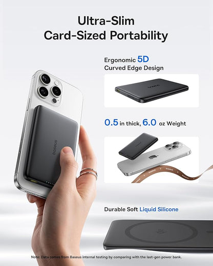 Baseus Picogo Magsafe Portable Charger, Qi2 Certified 0.5" Ultra Slim 15W Wireless Power Bank, 10000mAh 27W Fast Charging Magnetic Battery Pack with USB-C for iPhone 17/16/15/14/13/12 Series Only