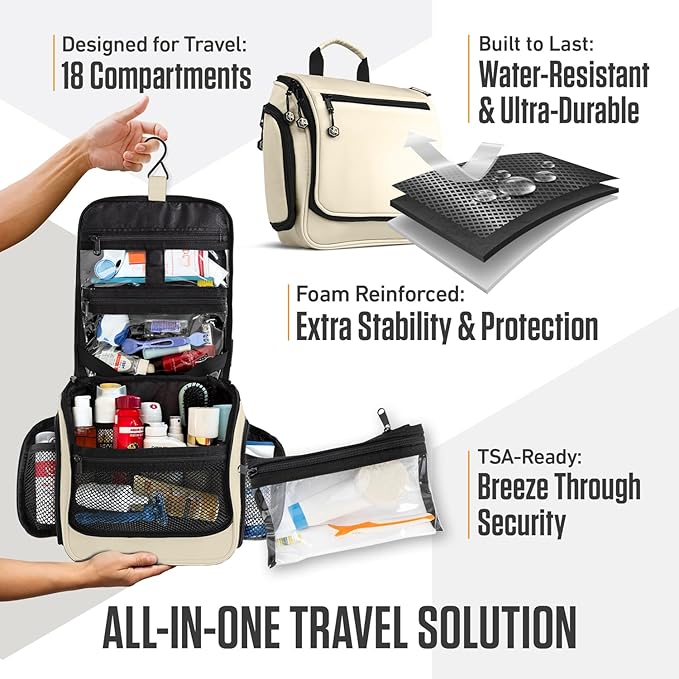 VENTURE 4TH Hanging Travel Toiletry Bag for Women & Men - Travel Organizer with Expandable Compartments & Removable Clear Pouch for Toiletries (Beige)