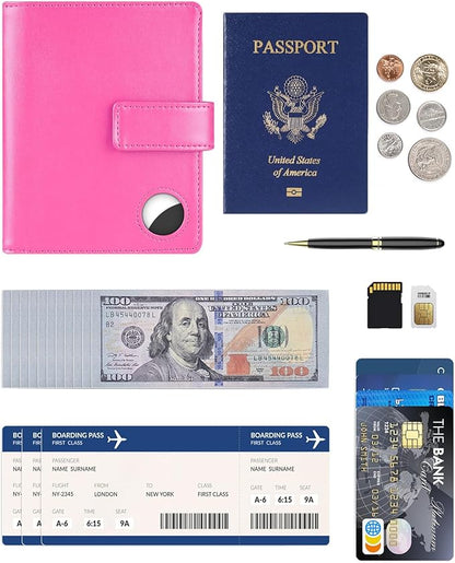 Passport Holder Wallet Cover Case for Women and Men,RFID Blocking,Passport Case with AirTag Holder,Travel Accessories (Pink)