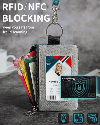 Minimalist Wallet For Mens Womens, Keychain RFID Blocking Zipper Small Wallet with ID Window 2 Lanyards,Water Resistant Travel Cash Card Coin Case Boys Girls