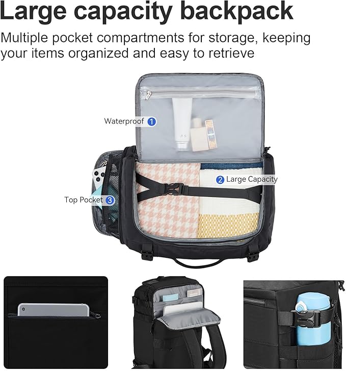 Carry On Travel Backpack Flight Approved Laptop Backpack Business Work Backpack for Women Men Large Capacity Casual Daypack with Wet/Dry Separation Pockets, Black