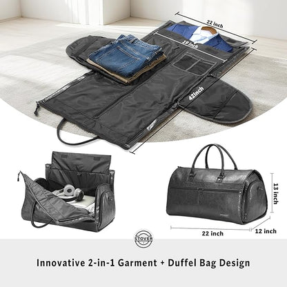 STOVER Garment Travel Duffle Bag, Large 2-in-1 Convertible Carry-on Luggage for Men & Women- Hanging Suits, Dresses & Clothes + Shoe Compartment- Weekender Tote Combo Duffel (Black Leatherette)