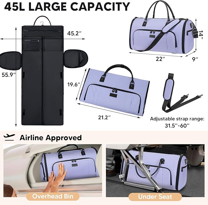 Garment Bag for Airplane Travel, Carry On Garment Duffle Bags for Women, 2 in 1 Travel Suit Bag with Shoes Compartment Carry on Bag Hanging Garment Bag Travel with Shoulder Strap,Purple