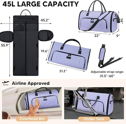 Garment Bag for Airplane Travel, Carry On Garment Duffle Bags for Women, 2 in 1 Travel Suit Bag with Shoes Compartment Carry on Bag Hanging Garment Bag Travel with Shoulder Strap,Purple