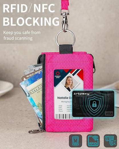 Minimalist Wallet For Mens Womens, Keychain RFID Blocking Zipper Small Wallet with ID Window 2 Lanyards,Water Resistant Travel Cash Card Coin Case Boys Girls