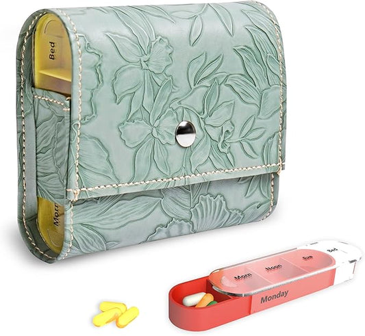 Pill Organizer,LIZIMANDU Weekly Travel Pill Case Box Medication Reminder Daily AM PM, Day Night 7 Compartments,for 4 Times A Day, 7 Days a Week-Includes Leather PU Carrying Case(1-Carved Green)