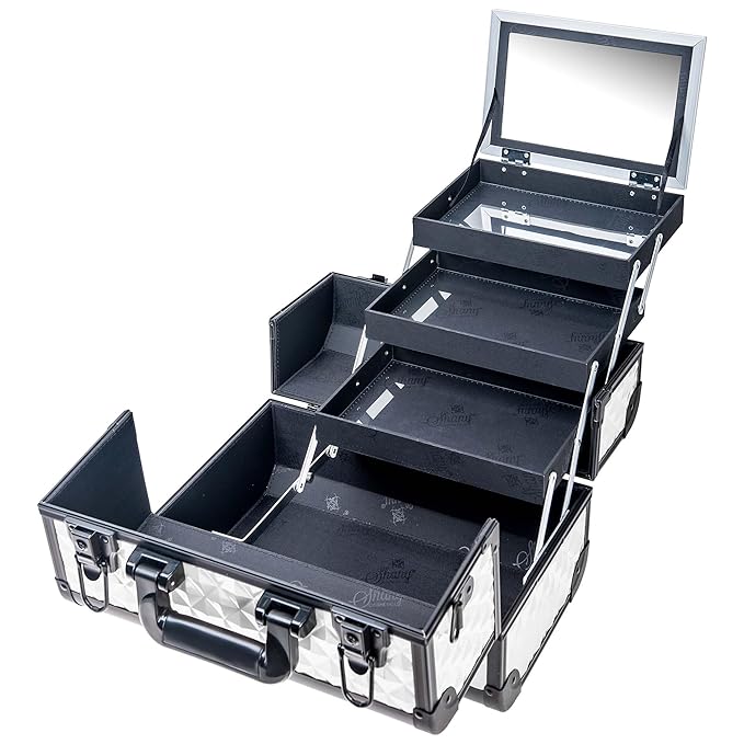 SHANY Premier Fantasy Professional Makeup Train Case Cosmetic Box Portable Makeup Case Organizer Jewelry storage with Locks, 3 Trays, Makeup Brush Holder and Cosmetics Mirror - Snow White