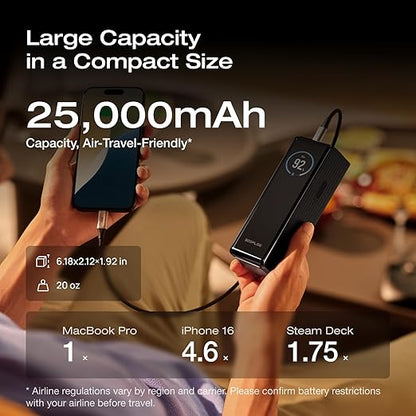 EF ECOFLOW Rapid Power Bank 25,000mAh, 170W Portable Charger with Dual 140W USB-C Ports for Multi-Device Charging, Smart TFT Screen, Compatible with iPhone 17/16/15/14, Samsung, Laptop (Black)