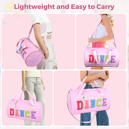 Dance Bag for Girls, KUIRAN 23L Travel Duffel Bag with Colorful Chenille Letter, Lightweight Small Gym Sport Ballet Weekender Bag with Large Main Compartment - Pink/Flower