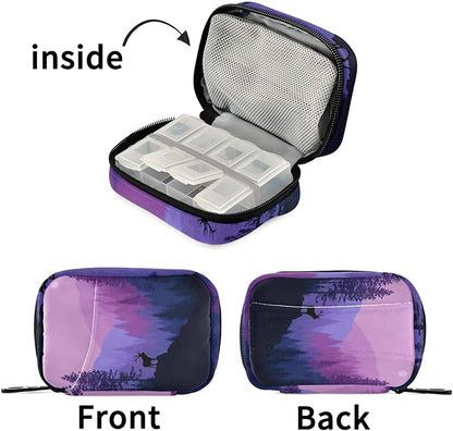 Purple Stag Mountains and Forest Travel Pill Organizer Case Box Container Weekly Portable Vitamin Medicine Holder Storage Bag with Zipper Removable