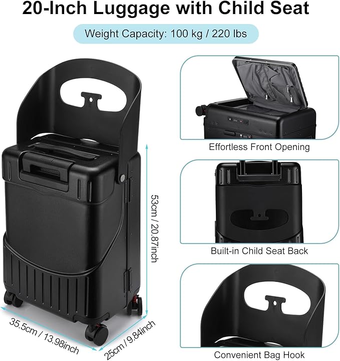 20 Inch Ride on Luggage with Seat for Kids Top Opening Aluminum Frame Suitcase with Spinner Wheels Locks for Travel(Black)