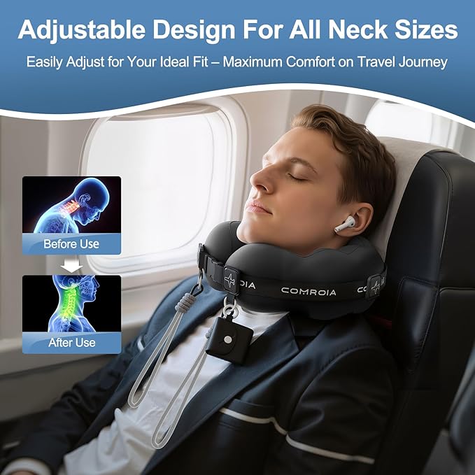 Travel Neck Pillow for Airplane, Super Soft Neck Support Travel Pillow - Lightweight and Stylish Convertible Style - Ergonomic Design for Long Flights, Car, Train & Office Use (Black)