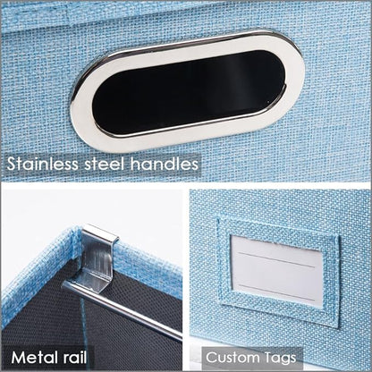 PRANDOM File Organizer Box - Set of 1 Collapsible Decorative Linen Filing Storage Hanging File Folders with Lids Office Cabinet Letter Size Blue (14x9.3x10.8 inch)