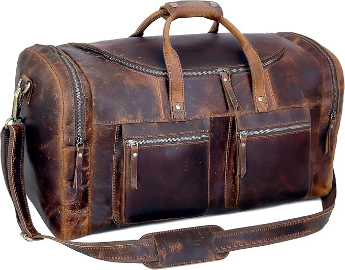 28" Vintage Duffel Classic Style with Modern Outlook Retro Thick Full Grain Cowhide Handmade Airplane Underseat Carry On Bags Leather Gym Overnight Luggage Bag