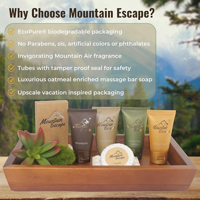 Mountain Escape - Premium Hotel Soaps & Toiletries Bulk Set with 1oz Travel Size Shampoo and Conditioner, Body Wash, Lotion, and 2 guest Soaps - Rental Ready Amenities Kit (120 Pieces)