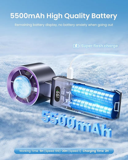 2 Pack Handheld Portable Turbo Fan with Ice Cooler, Speed (1-199) 5500mAh*2 Rechargeable Personal Fan,[20H Cooling Time] Mini Yet Powerful, Small Pocket Fans for Travel/Outdoor/Office, Grey Purple
