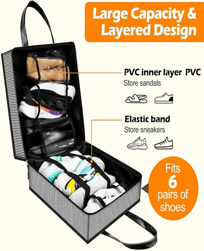 Yotako Shoe Bag for Travel with Leathers Handle-Portable Shoe Organizer with Pockets,3 in 1 Hanging Luggage Shoe Storage Bag,Travel Shoe Bag for Women Men Fit 6 PCS Shoes,Stripe