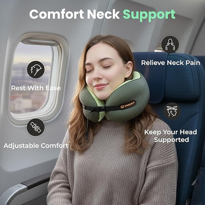 Cesperi® Travel Neck Pillow for Airplanes, Ergonomic Design for Petite Neck, Airplane Neck Pillow with Memory Foam, Travel Essentials for Flights, Car Rides, and Home Rest, Small (Avocado Green)