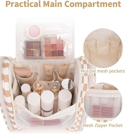 Narwey Checked Hanging Travel Toiletry Bag for Women, Travel Bag for Toiletries, Makeup Bag Organizer Cosmetic Bags Make Up Bags for Women (Light Checkerboard)