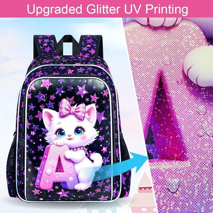 WZLVO 3PCS Girls Cat Backpack Set, 16" Glittery UV Printing Kids Bookbag/School Bag with Lunch Box & Pencil Bag for Preschool to Elementary - Cat Holding Letter A