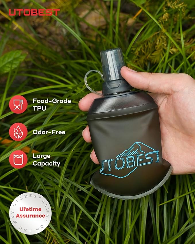 150ml Soft Flask, 2 Pack Flexible TPU Hydration Water Bottle, Collapsible with 28mm Caliber for Running, Hiking, Cycling, Climbing, and Marathon Blue