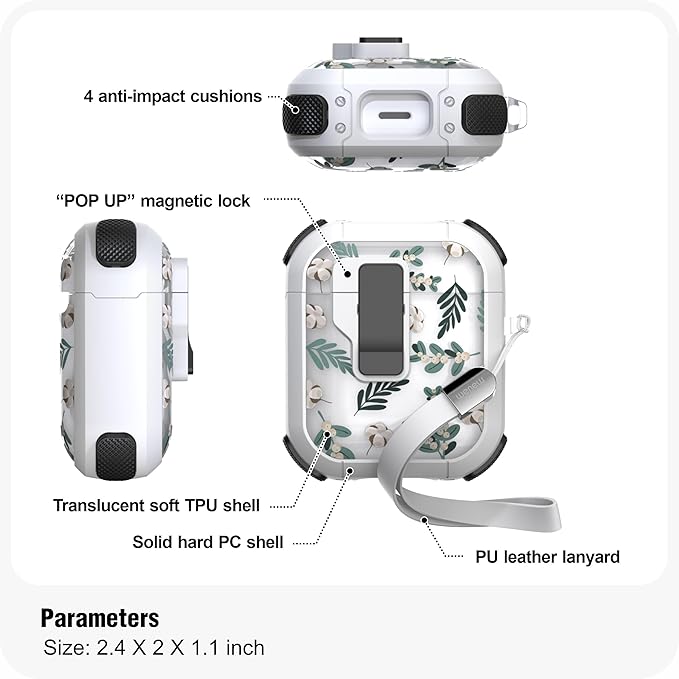 WENEW Case for AirPods 1 & 2Case Cover Secure Lock Automatic Snap Switch Clip Cleaner Kit Lanyard Women Stylish Flower Armour Hard Shell Full Body (Green, AirPods 1st & 2nd)