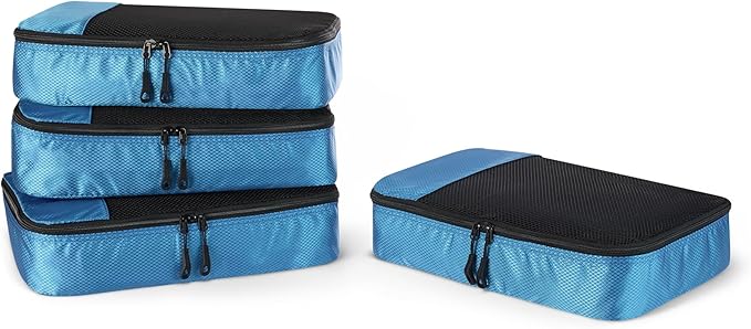 Amazon Essentials 4-Piece Packing Cubes Travel Accessories Set, Luggage Organizer with Double Zipper, Mesh Top, 100% Polyester, Medium, Sky Blue (Previously Amazon Basics)