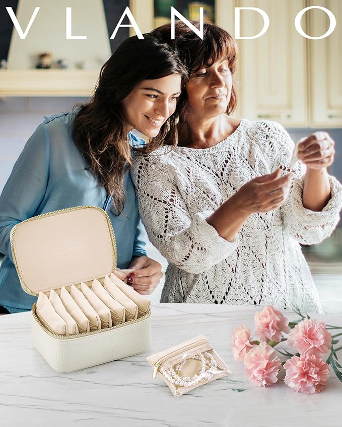 Vlando Gifts for Her,Travel Jewelry Case with 8 Velvet Jewelry Bags Jewelry Travel Organizer Box for Girls Jewelry Box for Rings Earrings Brides Gifts Birthday Gifts for Women Teen(White)