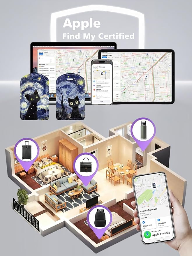 Luggage Tags Built-in Anti-Loss Tracker, Luxury Leather Luggage Tags for Suitcase, Travel Bags, Backpacks, Travel Organizer for Lost Baggage Prevention (Starry Cat)