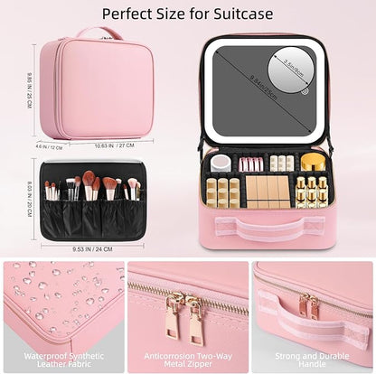 Makeup Bag with Mirror of LED Lighted, Travel Makeup Train Case Cosmetic Bag Organizer with Mirror and Lights, Make up Bag with Light up Mirror Adjustable Divider Brush Board
