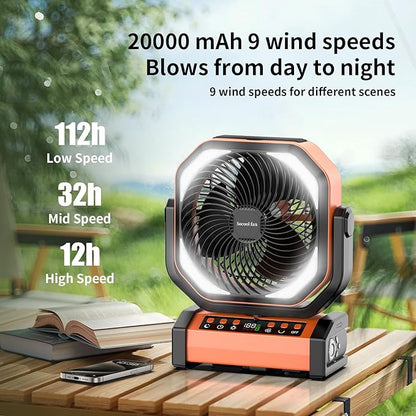 Socool Camping Fan with Light - 20000mAh Rechargeable Battery Fan, 112Hrs Max Run Time, 9 Speeds, Digital Display, Timer, Auto Oscillation, 270° Pivot & Hook for Camping, Power Outage, Hurricane