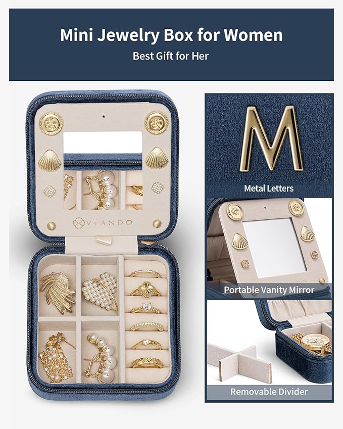 Vlando Mother in Law Mothers Day Gift, Initial M Travel Jewelry Case, Small Jewelry Travel Case, Mini Jewelry Case, Birthday Gifts for Women Mom Grandma - Letter M, Dark Blue