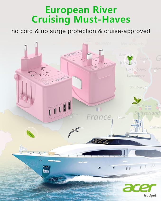 Acer Universal Travel Plug Adapter - International Power Adapter with 5 USB Ports (3 USB C) 5.8A, Worldwide Outlet Charger for USA to European UK France Germany Spain, Type C/E/F/G/I/L/A,Pink