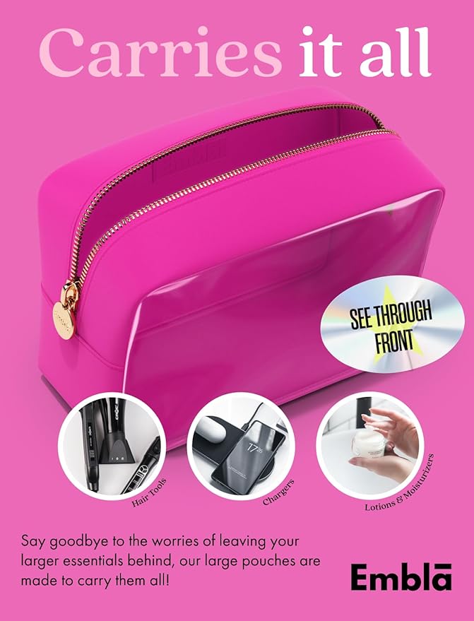 Embla Clear Cosmetic Bag Makeup Case, Clear Zipper Make Up Pouch and Toiletry Travel Tote, Cute Skincare Pouches for Women Girls, Preppy Purse Cosmetic Organizer, Large Makeup Bags, Fuchsia