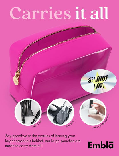 Embla Clear Cosmetic Bag Makeup Case, Clear Zipper Make Up Pouch and Toiletry Travel Tote, Cute Skincare Pouches for Women Girls, Preppy Purse Cosmetic Organizer, Large Makeup Bags, Fuchsia