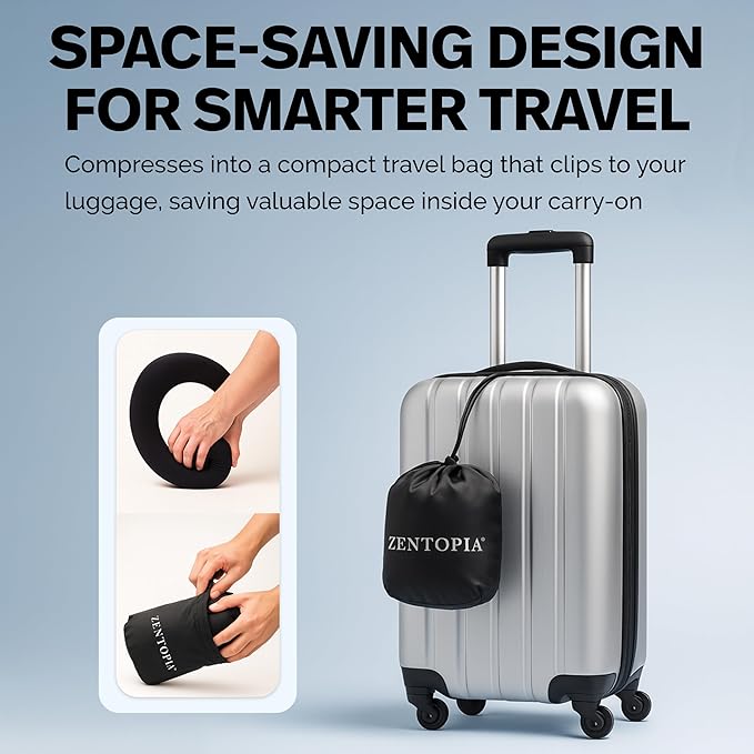 Memory Foam Travel Neck Pillow – Ergonomic 360° Head & Neck Support for Airplanes, Car & Home – Compact Washable Cover, Carry Bag & Earplugs – Best Neck Pillow Airplane, Travel Pillow for Long Flights