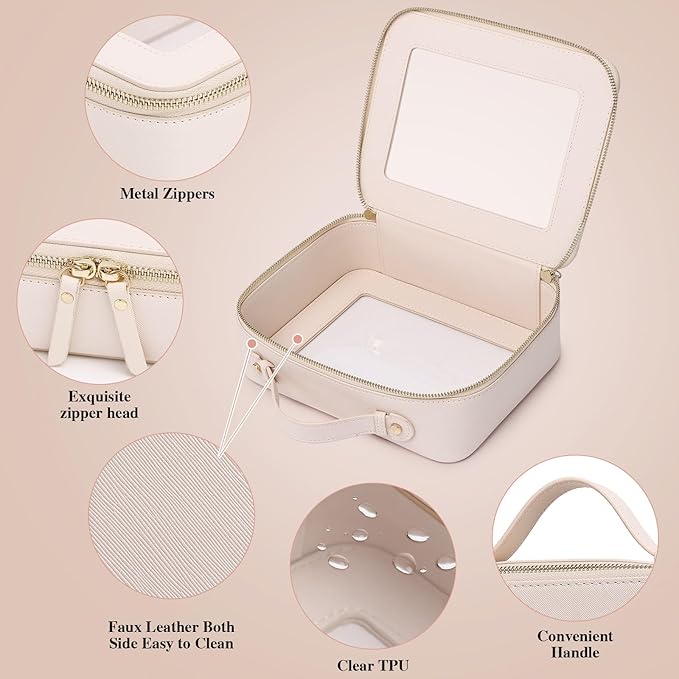 Pinkmik Clear Makeup Bag with Brush Bag 2pcs Waterproof Travel Case for Cosmetics and Toiletries Women's Cosmetic Organizer with Zipper (Beige, L+SLIM)