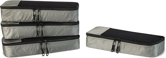 Amazon Essentials 4-Piece Packing Cubes Travel Accessories Set, Luggage Organizer with Double Zipper, Mesh Top, 100% Polyester, Slim, Gray (Previously Amazon Basics)