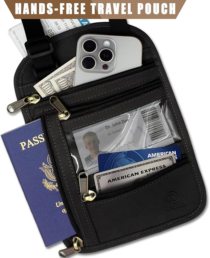 Ringsun Genuine Leather Passport Holder For Travel, RFID Blocking Slim Neck Wallet with Adjustable Strap for Women and Men, Travel Essentials to Keep Cash, Credit Cards and Documents Safe, Black