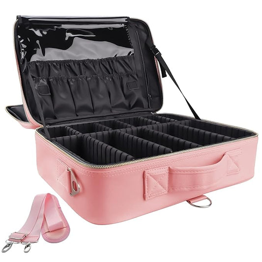 gzcz Large Capacity Travel Makeup Case Organizer,Professional Cosmetic Bags for Women,Waterproof PU Leather Makeup Bag with Adjustable Dividers and Shoulder Strap for Brushes and Jewelry